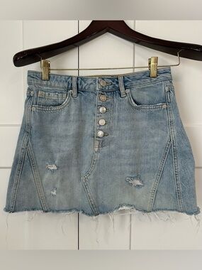 We The Free Light Blue Distressed Button-Front Denim Mini Skirt